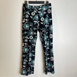 Lesley Evers Pull On Pants Size XS Black Blue Velvet Floral Embroidered Retro